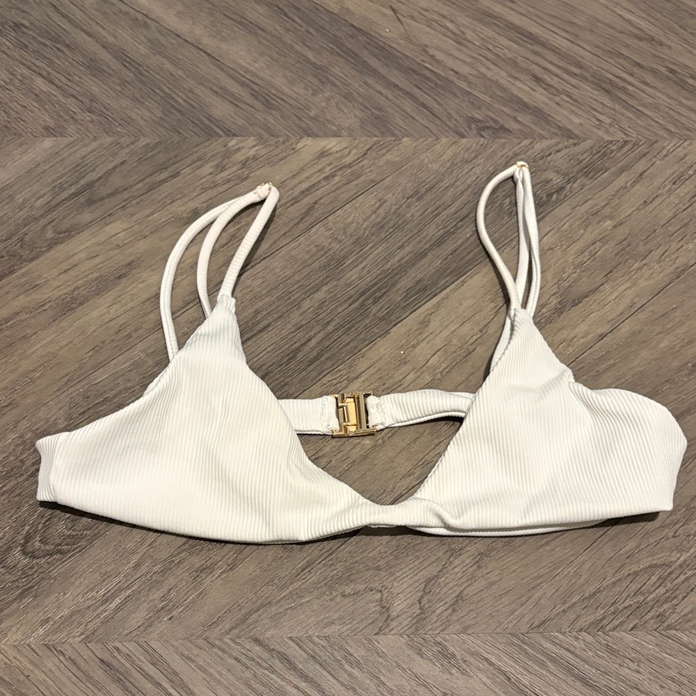 Skatie White Ribbed Bikini Top with Gold Accent